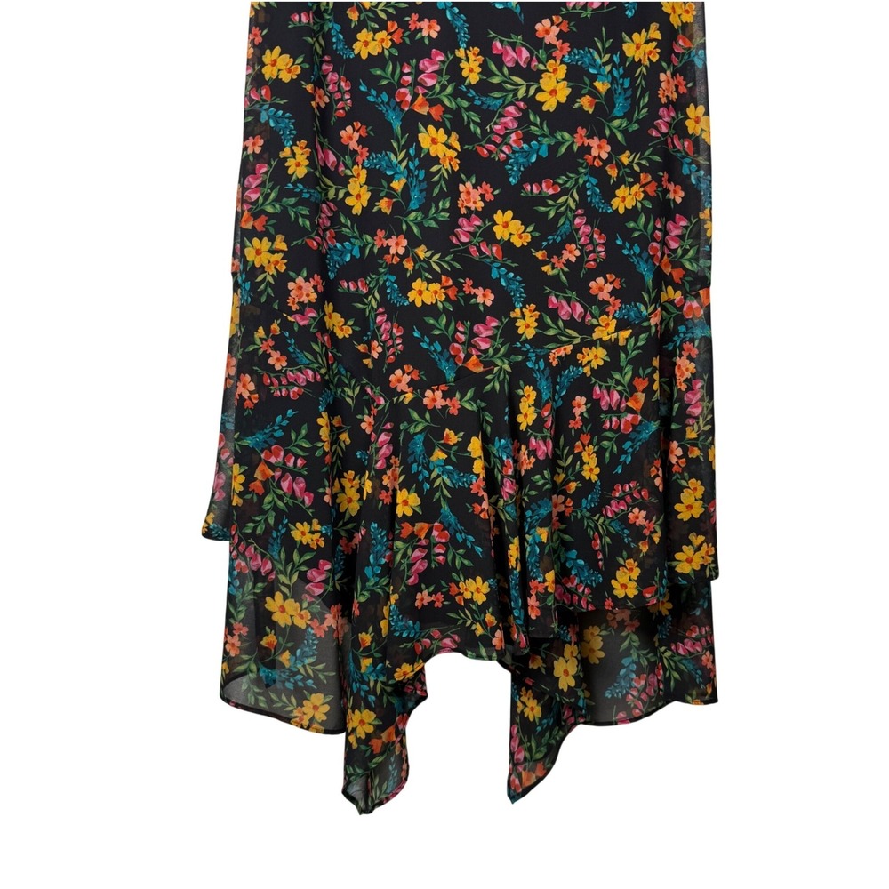 Calvin Klein Black Floral Chiffon Midi Dress Size 8 Sharkbite Hem Wedding Guest - Picture 4 of 12